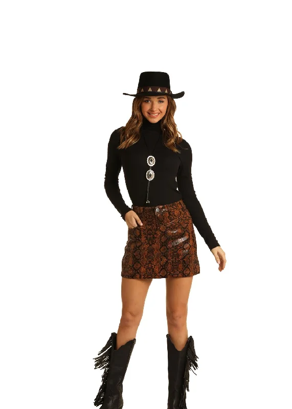 Rock and Roll Cowgirl Junior's Mid Rise Snake Print Skirt, Brown