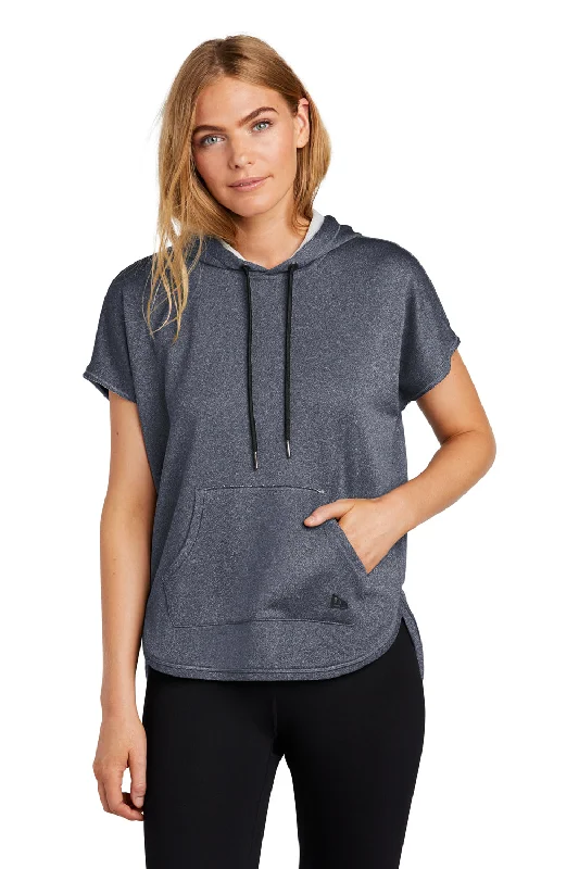 New Era Womens Performance Terry Short Sleeve Hooded Sweatshirt Hoodie w/ Pouch Pocket - Heather True Navy Blue