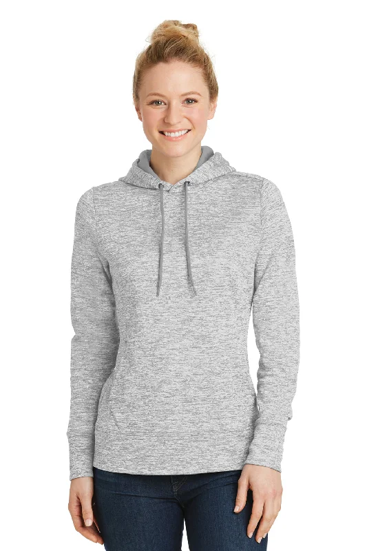 Sport-Tek Womens Electric Heather Moisture Wicking Fleece Hooded Sweatshirt Hoodie w/ Pouch Pocket - Silver Grey Electric - Closeout