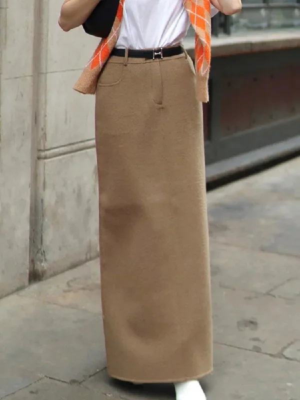 Light Brown Woolen High Waist Maxi Skirt