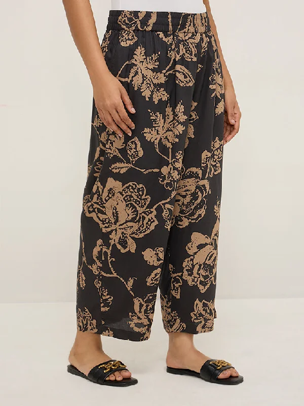 Diza Black Floral Print Palazzos