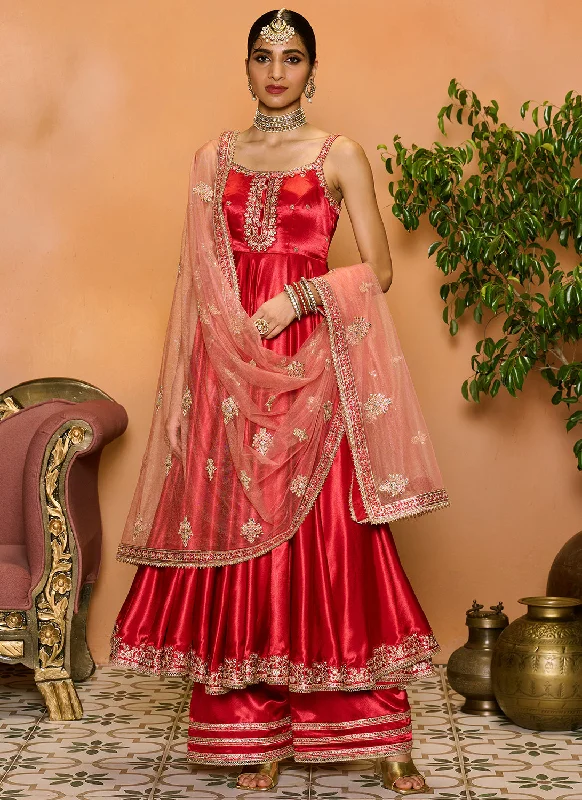 Red Embroidered Anarkali Style Palazzo