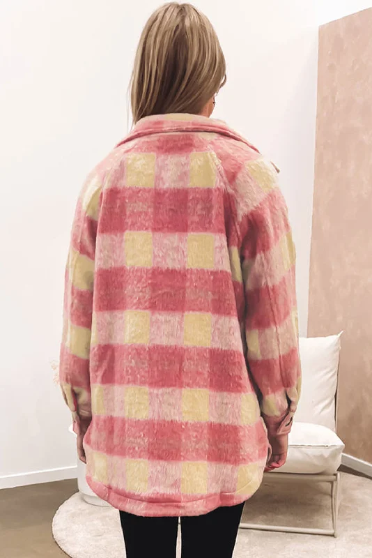 Pink Plaid Woolen Shirt Jacket