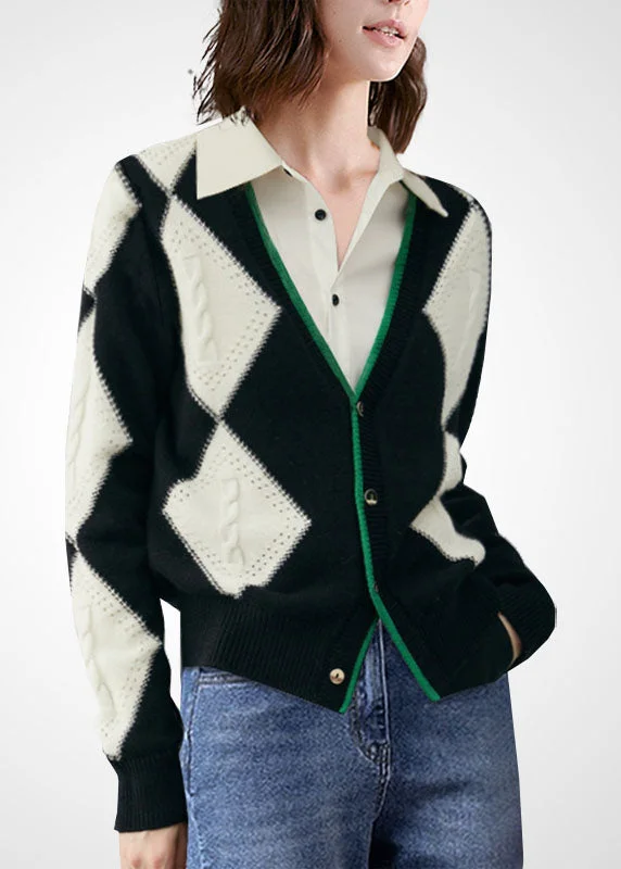 Bohemian Colorblock V Neck Patchwork Plaid Wool Knit Cardigan Winter