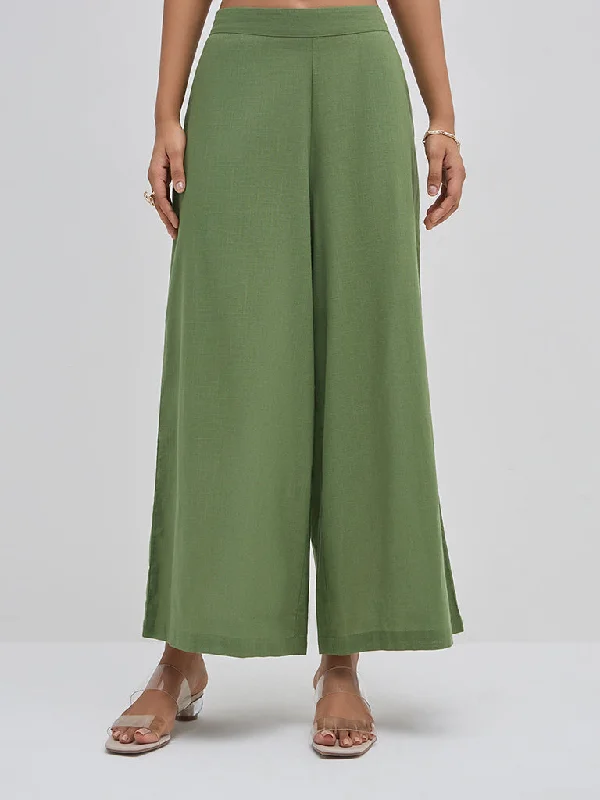 Utsa Green Solid High-Rise Cotton Palazzos