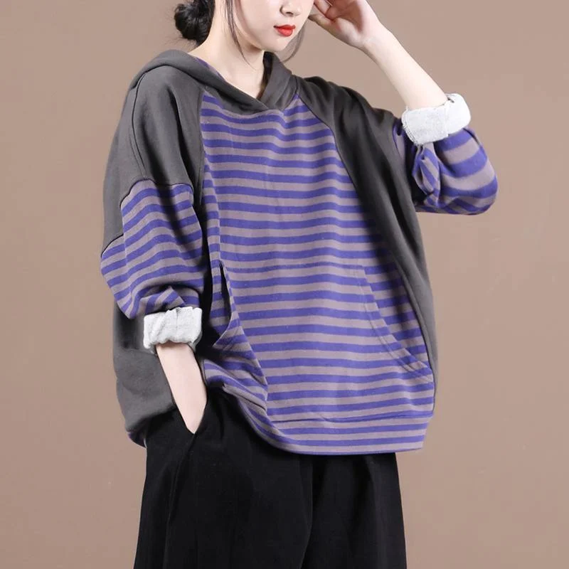 Handmade hooded patchwork shirts women Work purple striped shirt