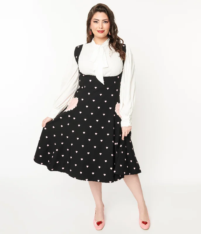 Unique Vintage Plus Size Black & Pink Heart Amma Suspender Swing Skirt