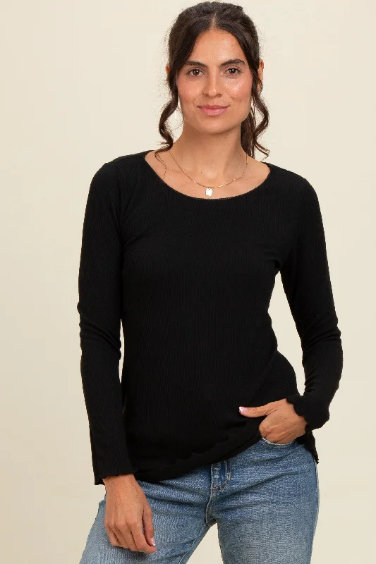 Black Ribbed Knit Long Sleeve Lettuce Hem Top