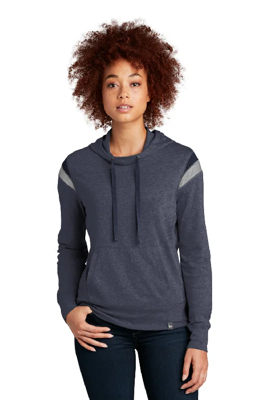 New Era Womens Heritage Varsity Hooded Sweatshirt Hoodie w/ Pouch Pocket - Heather True Navy Blue/True Navy Blue/Heather Rainstorm Grey - Closeout