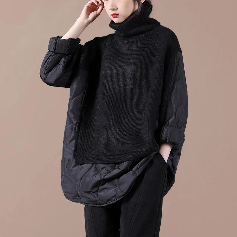 Handmade black clothes For Women high neck patchwork spring blouses