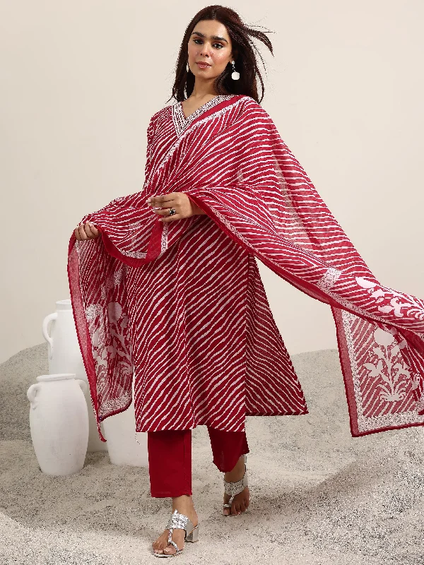 Red Printed Cotton Straight Suit With Dupatta