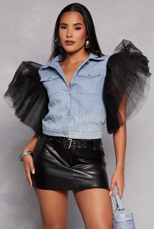 Tulle Flutter Sleeve Denim Vest