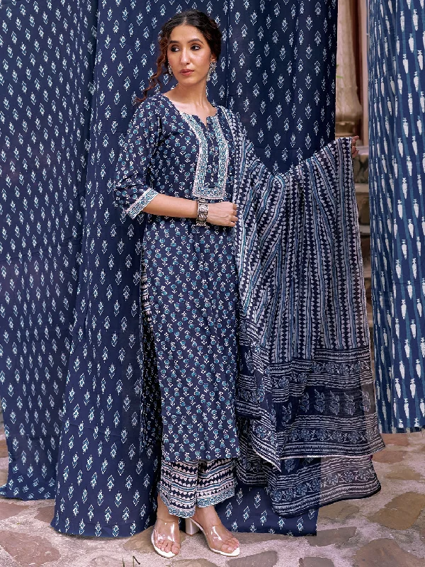 Indigo Printed Cotton Straight Suit With Dupatta