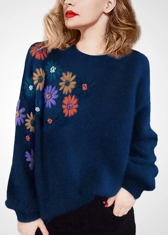 Plus Size Blue O-Neck Floral Embroideried Wool Sweaters Winter