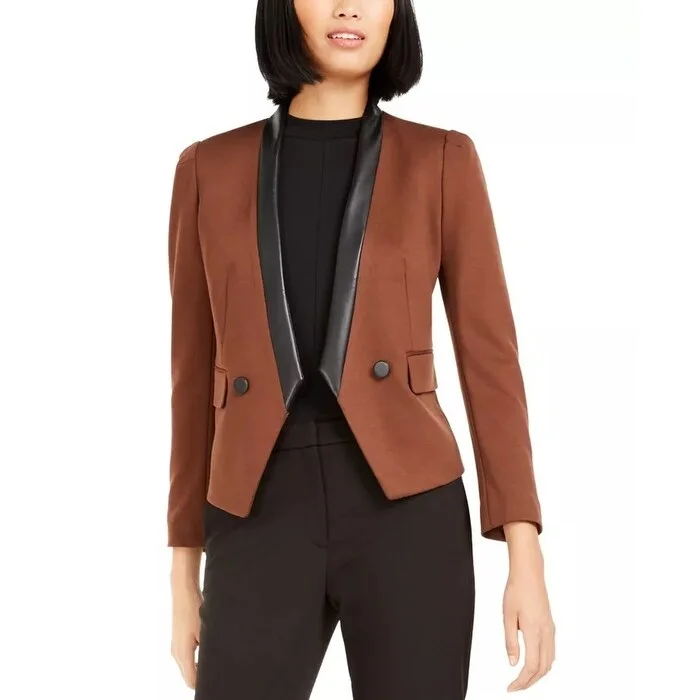 Bar III Women's Faux-Leather-Trim Blazer Dark Brown Size 14