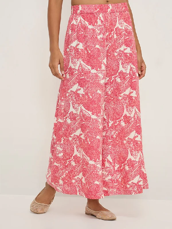 Utsa Pink Leaf Printed High-Rise Palazzos