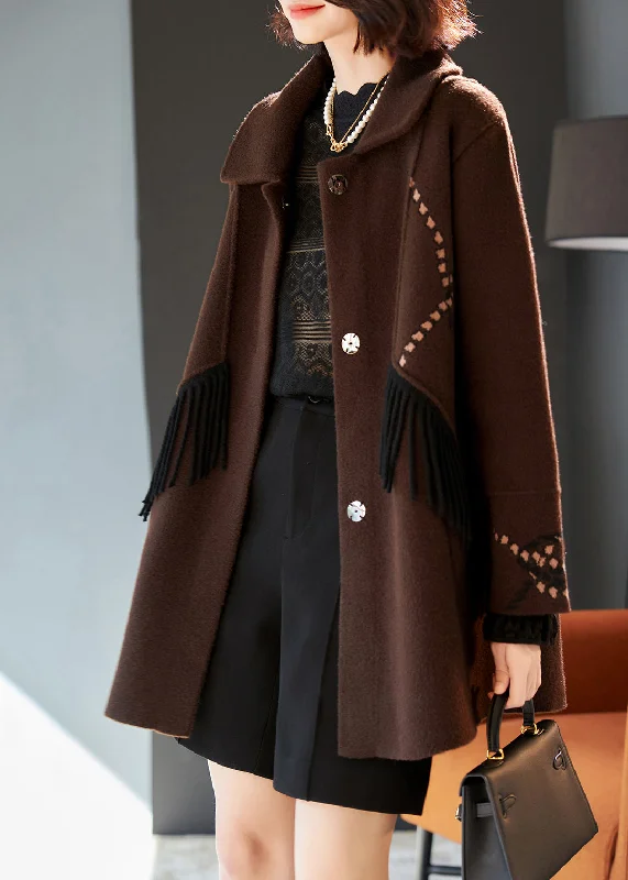 Beautiful Chocolate Tasseled Patchwork Woolen Coat Outwear Spring