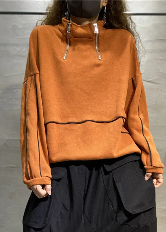 French Orange Stand Collar Zip Up Patchwork Sweatshirts Top Spring