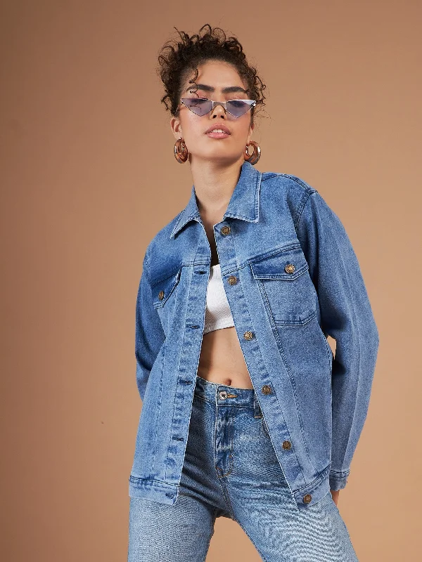 Women Ice Blue Washed Denim Oversized Jacket