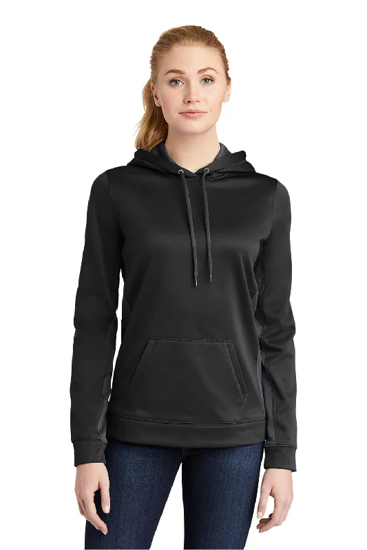 Sport-Tek Womens Sport-Wick Moisture Wicking Fleece Hooded Sweatshirt Hoodie w/ Pouch Pocket - Black/Dark Smoke Grey - Closeout