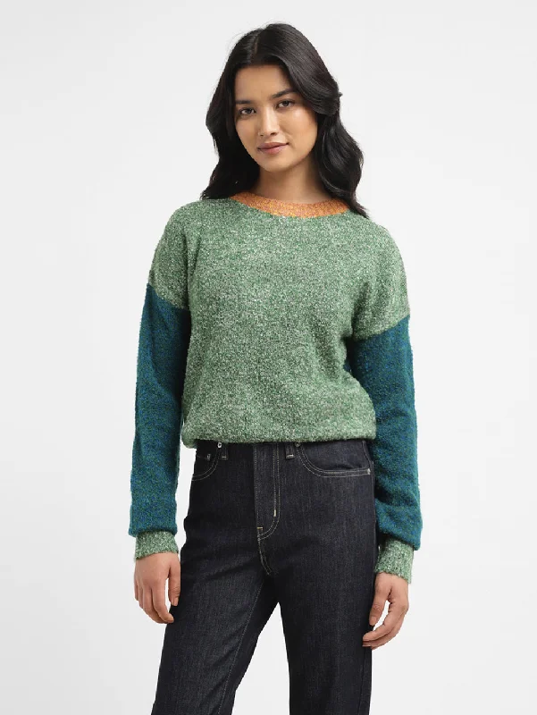 Women's Colorblock Green Crew Neck Sweater