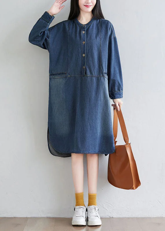 Italian Navy O Neck Patchwork Denim Dress Spring