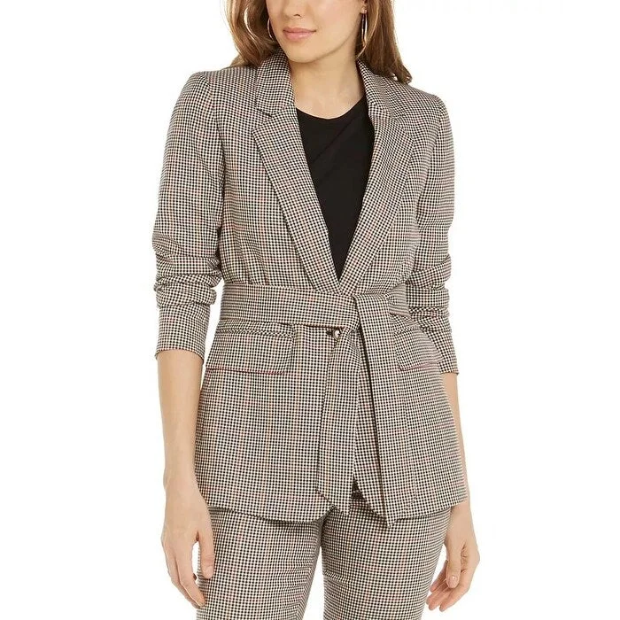 Bar III Women's Plaid Tie-Waist Blazer Beigekhaki Size Extra Small - X-Small