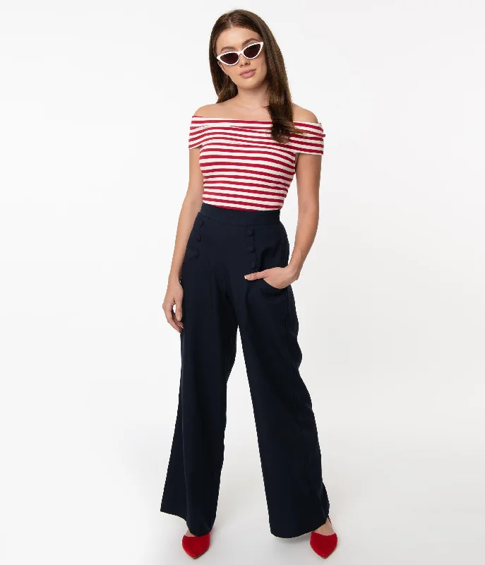 Unique Vintage 1940s Navy Blue High Waist Sailor Ginger Pants