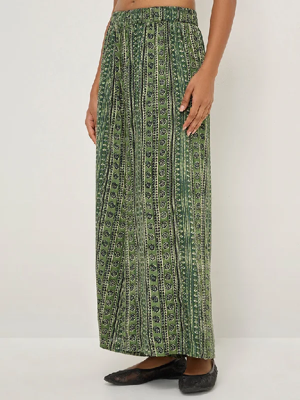 Utsa Green Stripe Printed High-Rise Palazzos