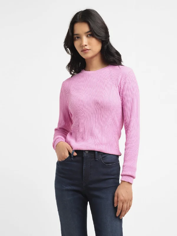 Women's Self Design Pink Crew Neck Sweater