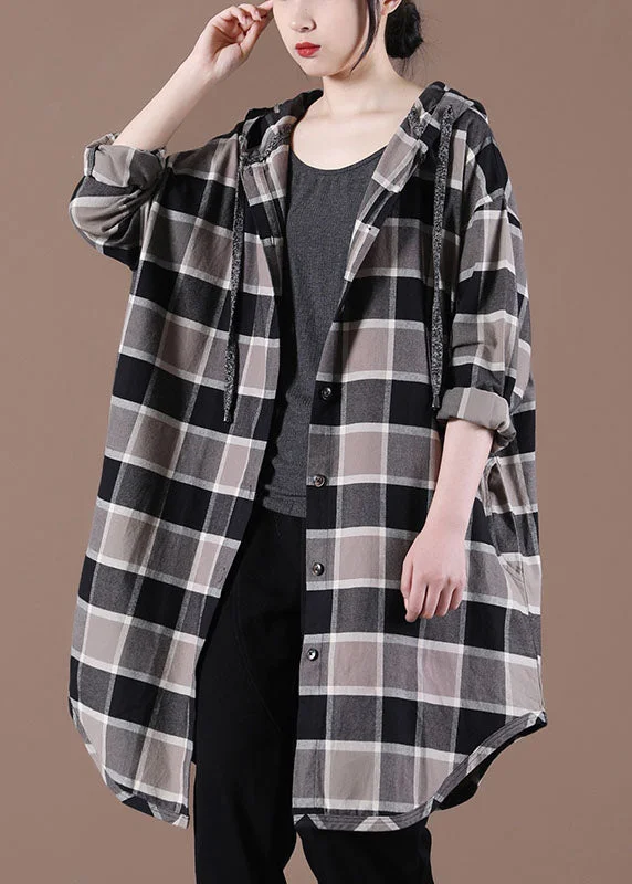 Handmade Khaki Plaid hooded Drawstring Button Fall Shirt Top