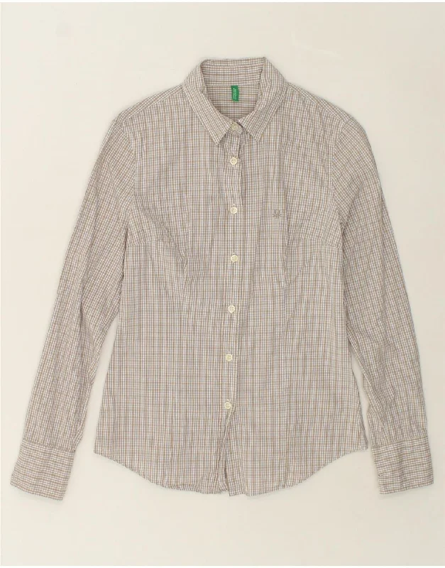 BENETTON Womens Shirt UK 12 Medium Beige Check Cotton