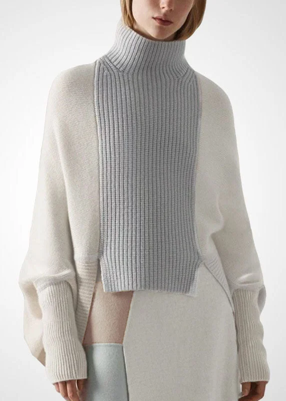 Chic White High Neck Asymmetrical Patchwork Wool Knit Pullover Winter