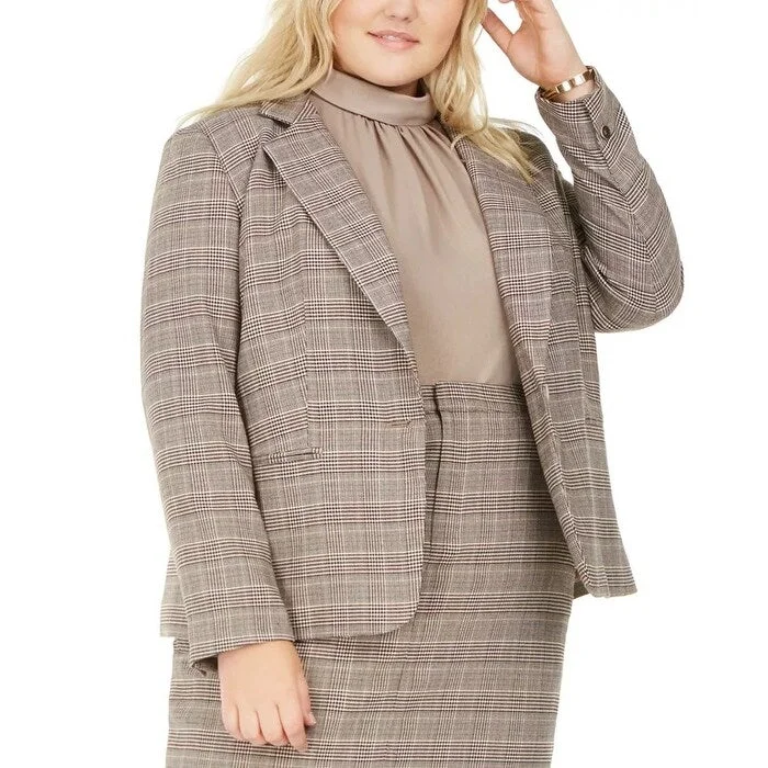 Bar III Women's Trendy Plus Size One-Button Plaid Blazer Beigekhaki Size 24