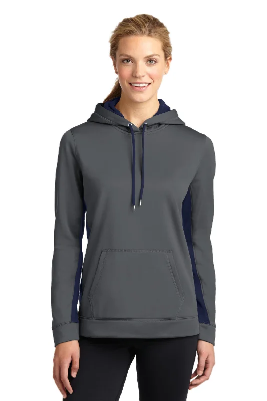 Sport-Tek Womens Sport-Wick Moisture Wicking Fleece Hooded Sweatshirt Hoodie w/ Pouch Pocket - Dark Smoke Grey/Navy Blue - Closeout