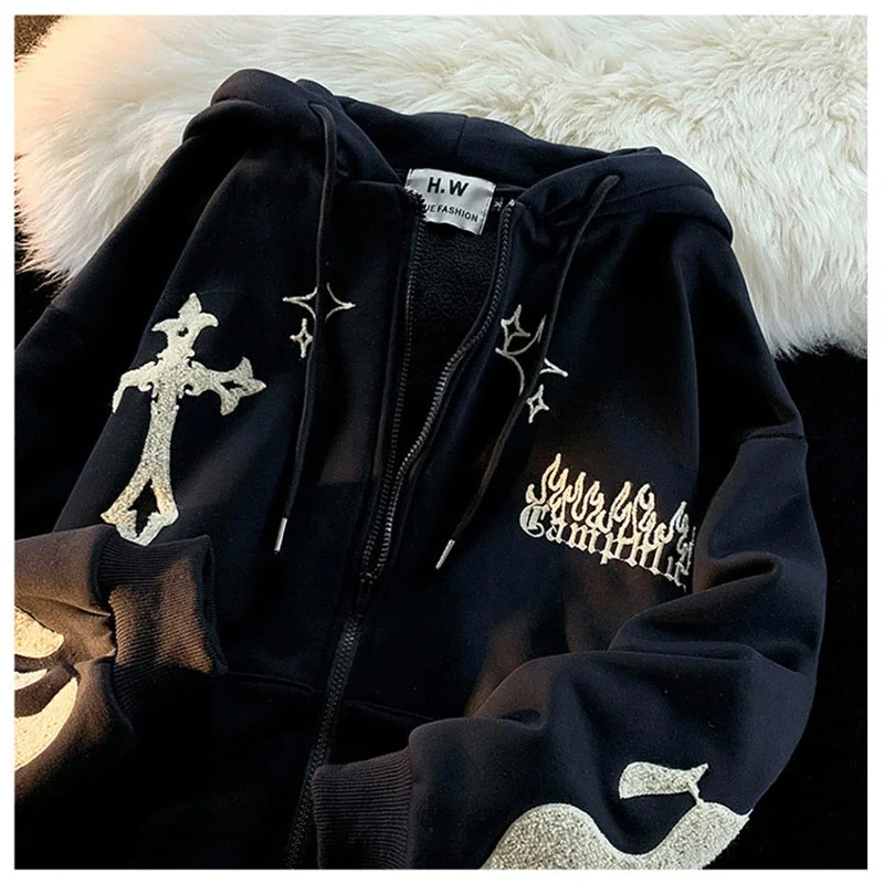 DressBetty - Y2k Rhinestone Skeleton Goth Hoodie