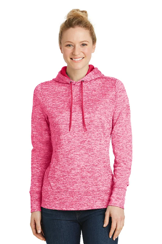 Sport-Tek Womens Electric Heather Moisture Wicking Fleece Hooded Sweatshirt Hoodie w/ Pouch Pocket - Power Pink Electric - Closeout