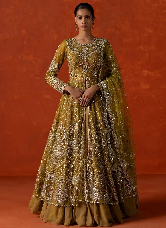 Dusty Yellow Embroidered Anarkali Style Lehenga