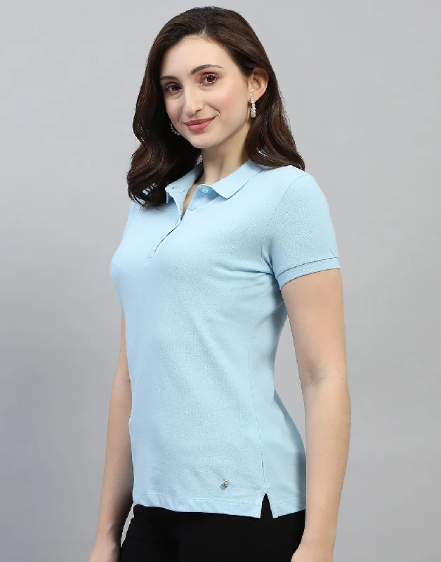 Women Sky Blue Solid Polo Collar Half Sleeve T Shirt