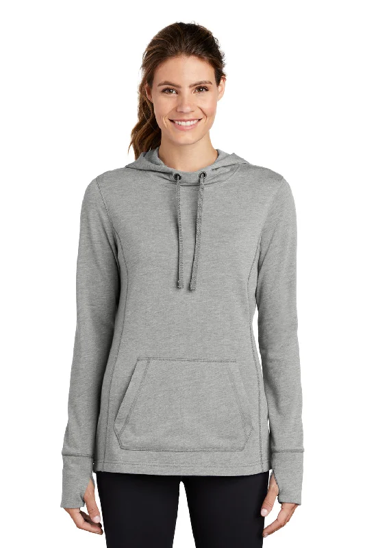 Sport-Tek Womens Moisture Wicking Fleece Hooded Sweatshirt Hoodie w/ Pouch Pocket - Heather Light Grey - Closeout