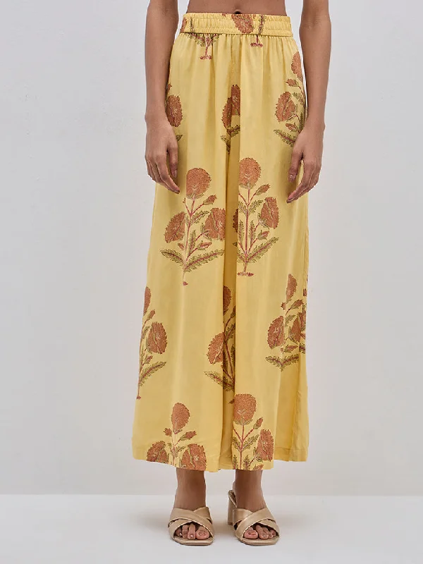 Zuba Mustard Floral Printed Cotton Palazzos