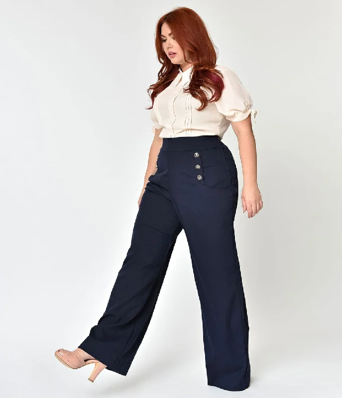 Unique Vintage Plus Size 1940s Style Midnight Blue High Waist Sailor Ginger Pants