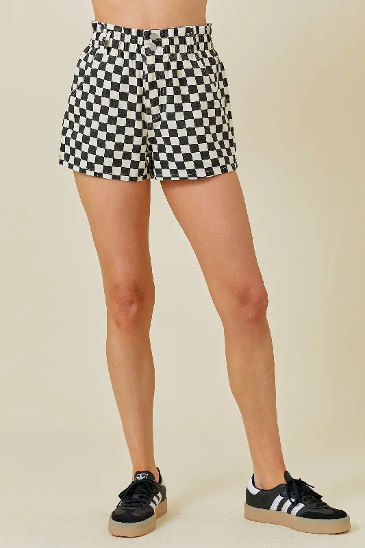 Black Checker Print Denim Shorts