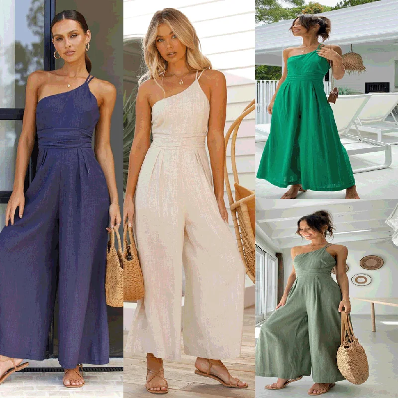 Sexy One Shoulder Linen Jumpsuits for Women