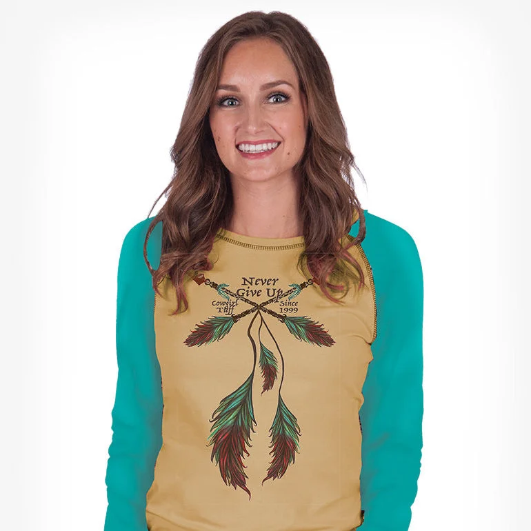 Cowgirl Tuff Women's Honey & Teal Feather Raglan Long Sleeve