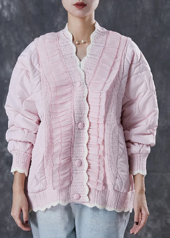 Beautiful Pink Ruffled Patchwork Knit Fine Cotton Filled Coat Spring