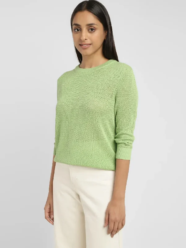 Women's Self Design Green Crew Neck Sweater