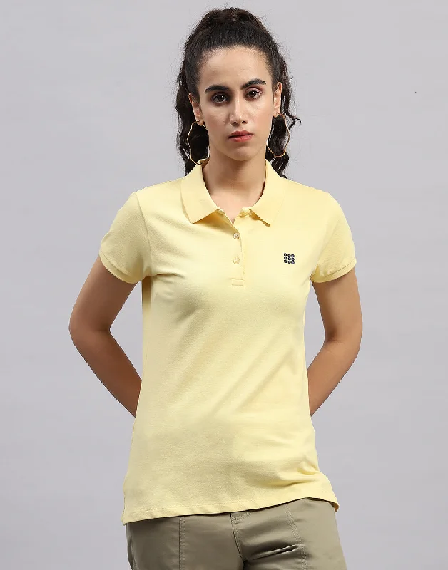 Women Yellow Solid Polo Collar Half Sleeve T Shirt