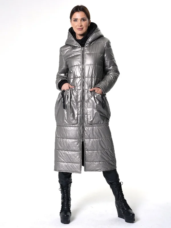 Long Silver Puffer Jacket With Oversize Pockets