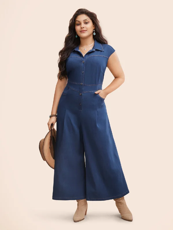 Stretch Denim Seamed Flare Jumpsuit